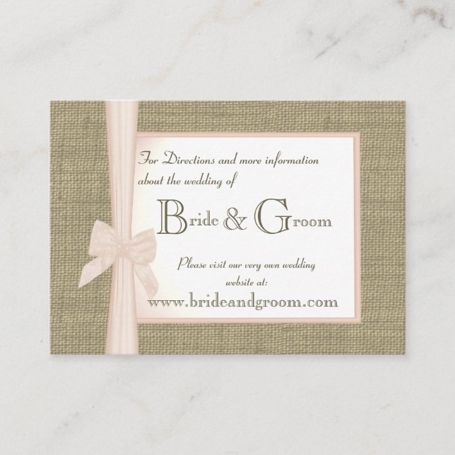 Burlap and Blush Bow Wedding Web Info Enclosure Card (Front)