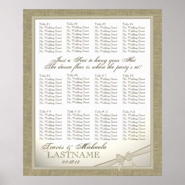Burlap and Bow Look Wedding Guest Seating Chart (Front)