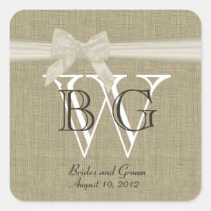 Burlap and Bow Monogram Square Sticker