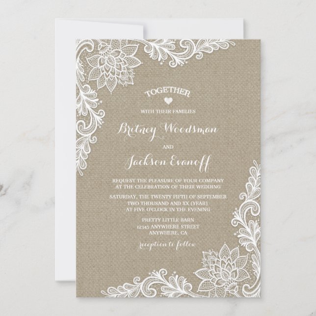 Burlap and Floral Lace Wedding Invitations (Front)