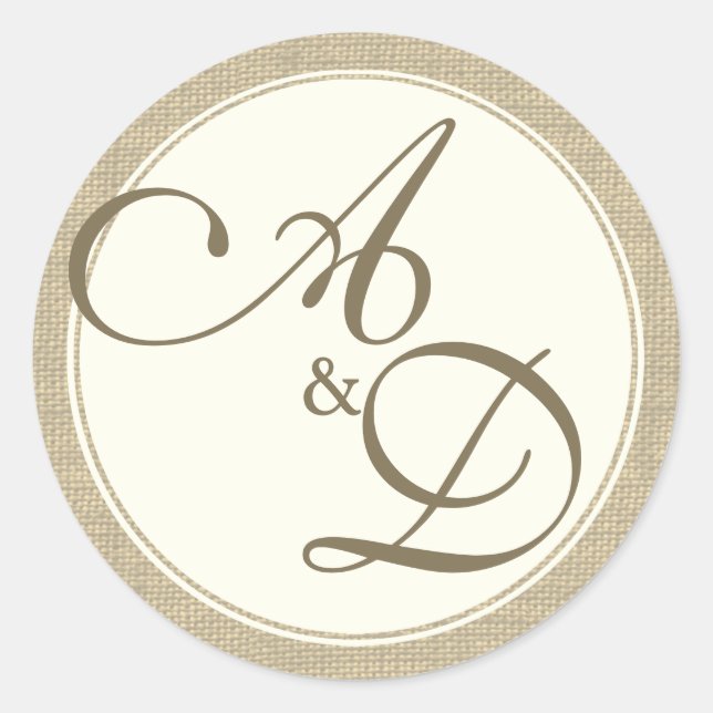 Burlap and Ivory Monogram Classic Round Sticker (Front)