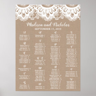 Burlap and Lace Alphabetical Seating Chart, Rustic Poster