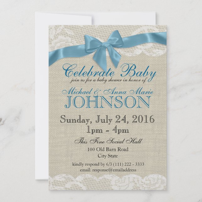 Burlap and Lace Blue Baby Shower Invitation (Front)