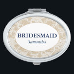 Burlap and Lace Bridesmaid Personalised Mirror For Makeup<br><div class="desc">This oval compact mirror features a background of burlap with a white lace overlay. The centre of the compact is white and features navy blue customisable text for the name of the bridesmaid.</div>