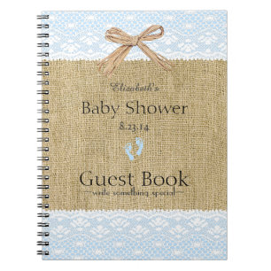 Burlap and Lace Image Blue Baby Shower Guest Book- Spiral Notebook