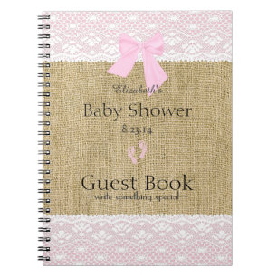 Burlap and Lace Image Pink Baby Shower Guest Book- Notebook