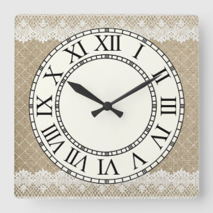 Burlap and Lace/Pale Yellow Roman Numeral Face Square Wall Clock