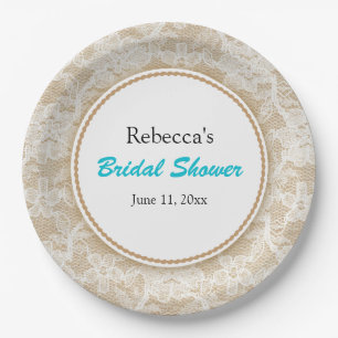 Burlap and Lace Personalised Bridal Shower Paper Plate