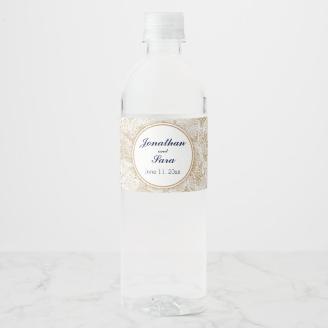 Burlap and Lace Personalised Wedding Water Bottle Label (Front)