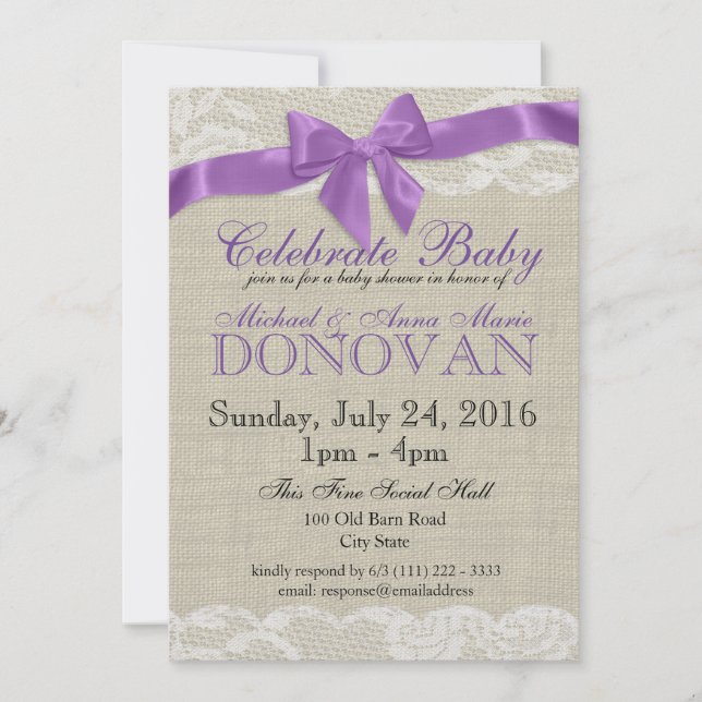 Burlap and Lace Purple Baby Shower Invitation (Front)