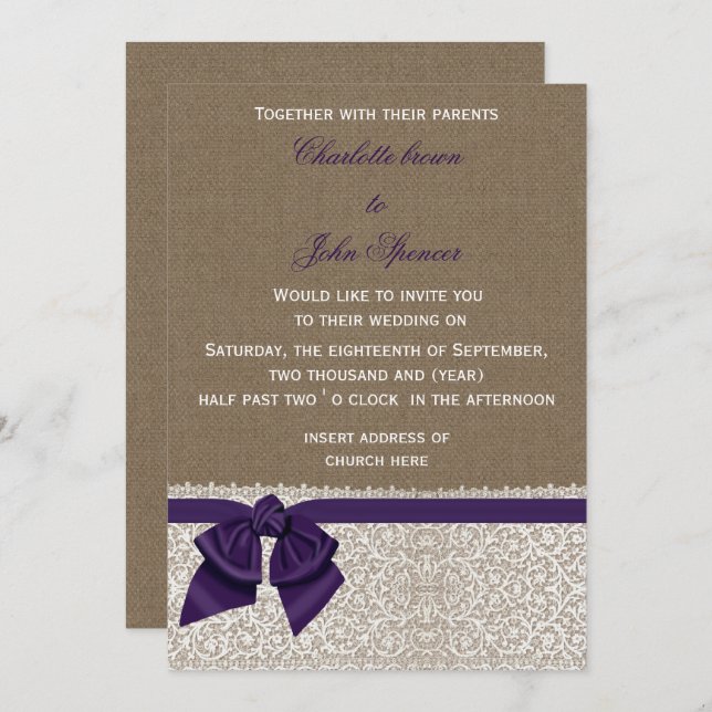 Burlap and Lace Purple Wedding Invitation (Front/Back)