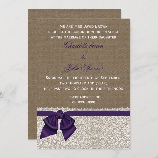 Burlap and Lace Purple Wedding Invitation (Front/Back)