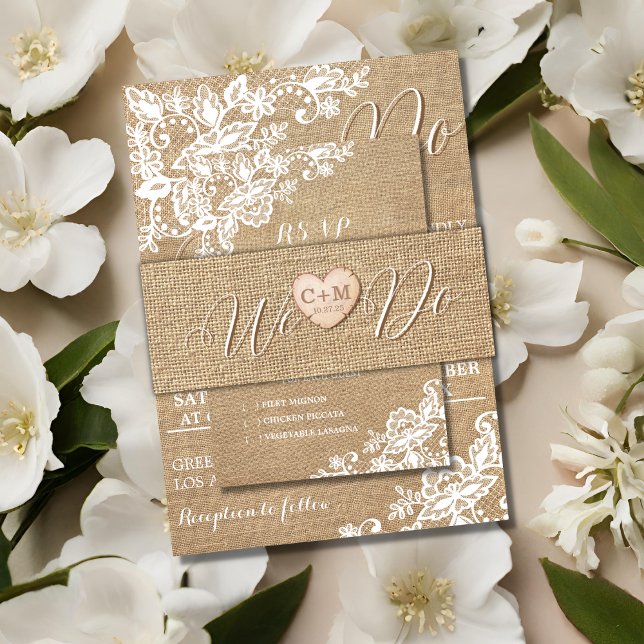 Burlap And Lace Rustic Country Wedding Invitation Belly Band (Creator Uploaded)