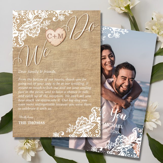 Burlap And Lace Rustic Country Wedding Thank You Card (Creator Uploaded)