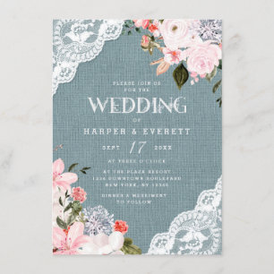 Burlap and Lace Rustic Dusty Blue Floral Wedding Invitation