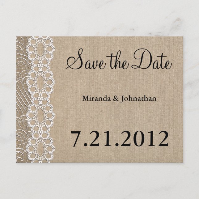 Burlap and Lace Rustic Save the Date Announcement Postcard (Front)
