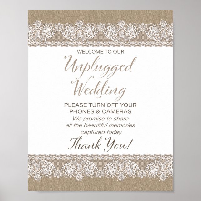 Burlap and Lace Rustic Wedding unplugged Poster (Front)