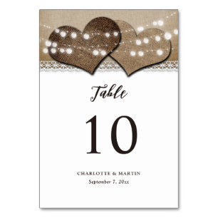 Burlap and Lace String Lights Rustic Country Table Number