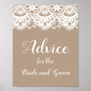 Burlap and Lace Wedding Advice Sign Poster
