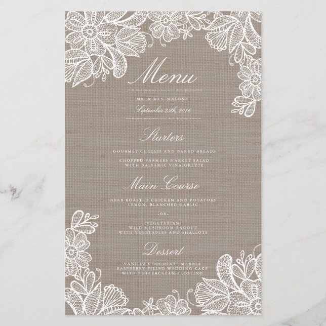 Burlap and Lace Wedding Dinner Menu (Front)
