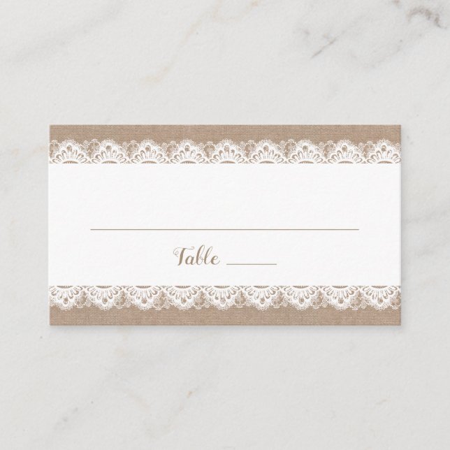 Burlap and Lace Wedding Flat Place Card, Rustic Card (Front)