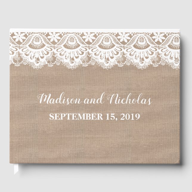 Burlap and Lace Wedding Guest Book, Rustic Guest Book (Front)