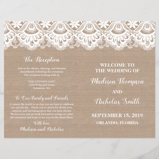 Burlap and Lace Wedding Program Booklets, Rustic Flyer (Front)