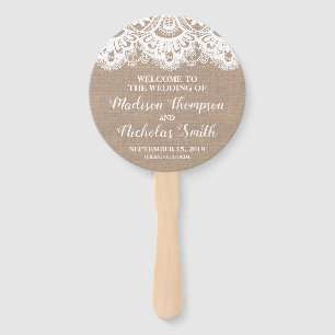 Burlap and Lace Wedding Program Circle Fan, Rustic Hand Fan
