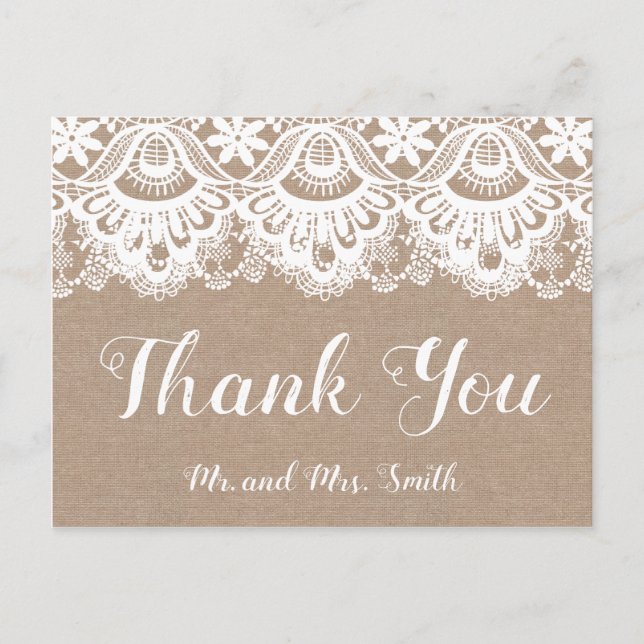 Burlap and Lace Wedding Thank You Postcards Rustic (Front)