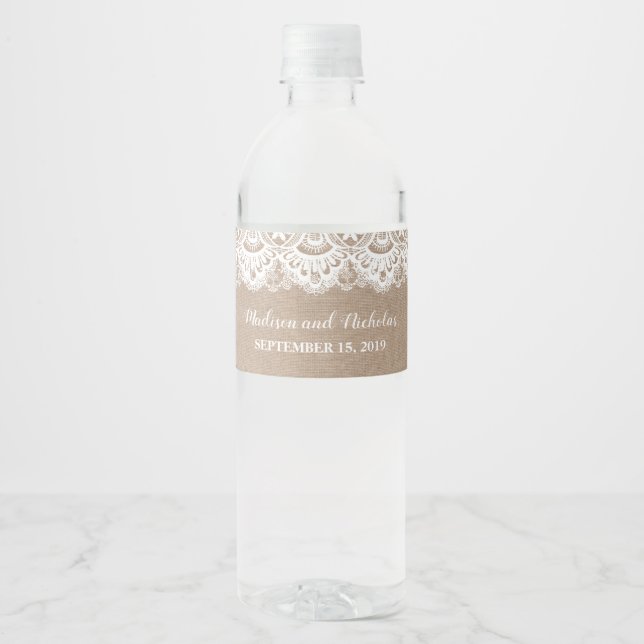 Burlap and Lace Wedding Water Bottle Labels Rustic (Front)