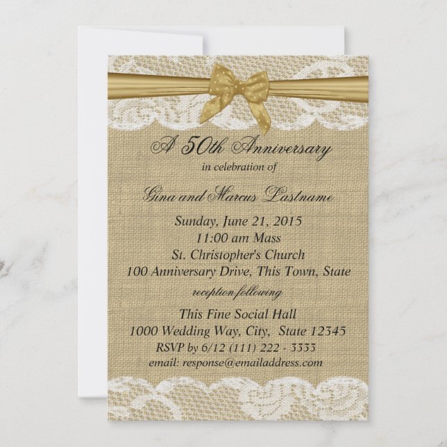 Burlap and Lace with Gold Bow 50th Anniversary Invitation (Front)