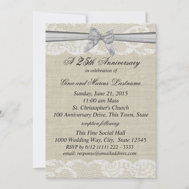 Burlap and Lace with Silver Bow 25th Anniversary Invitation (Front)