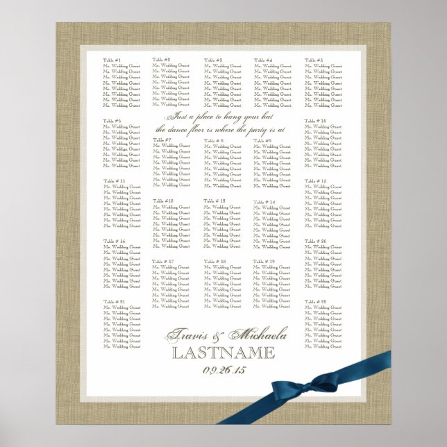 Burlap and Navy Blue Bow Wedding Seating Chart (Front)