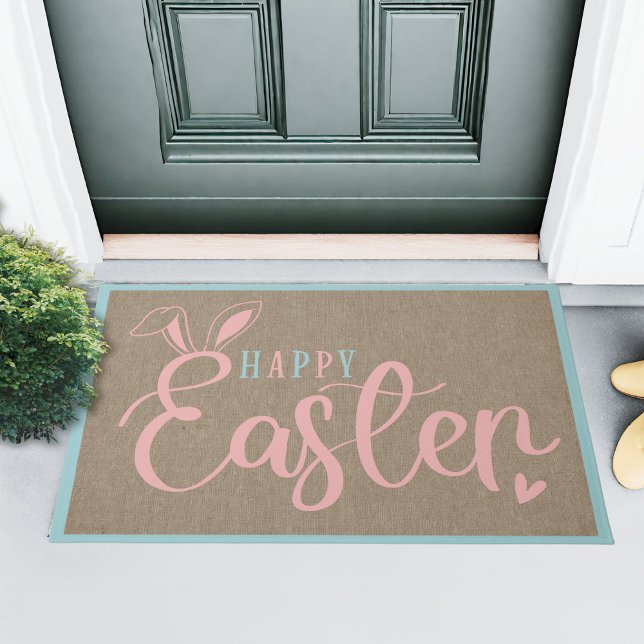 Burlap And Pastels Happy Easter With Bunny Ears Doormat (Burlap And Pastels Happy Easter With Bunny Ears Doormat)