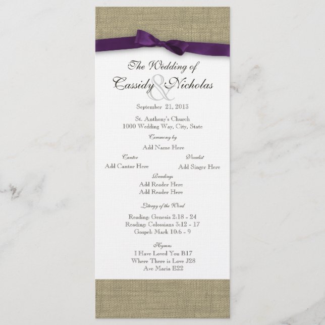 Burlap and Purple Bow Wedding Program Programme (Front)