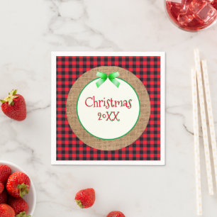 Burlap and Red Buffalo Plaid Dated Christmas Napkin