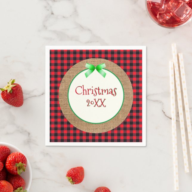 Burlap and Red Buffalo Plaid Dated Christmas Napkin (Insitu)