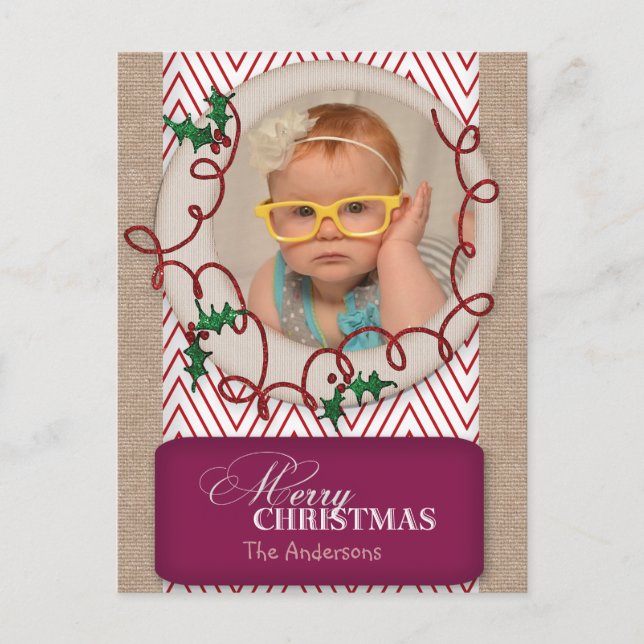 Burlap and Red Chevron Christmas Photo Card (Front)