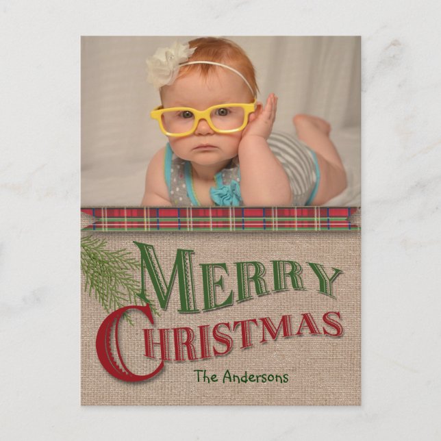 Burlap and Red Plaid Christmas Photo Card (Front)