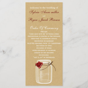 burlap and red rose mason jar wedding program programme