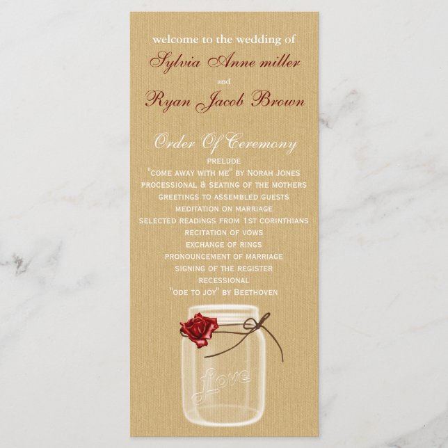 burlap and red rose mason jar wedding program programme (Front)