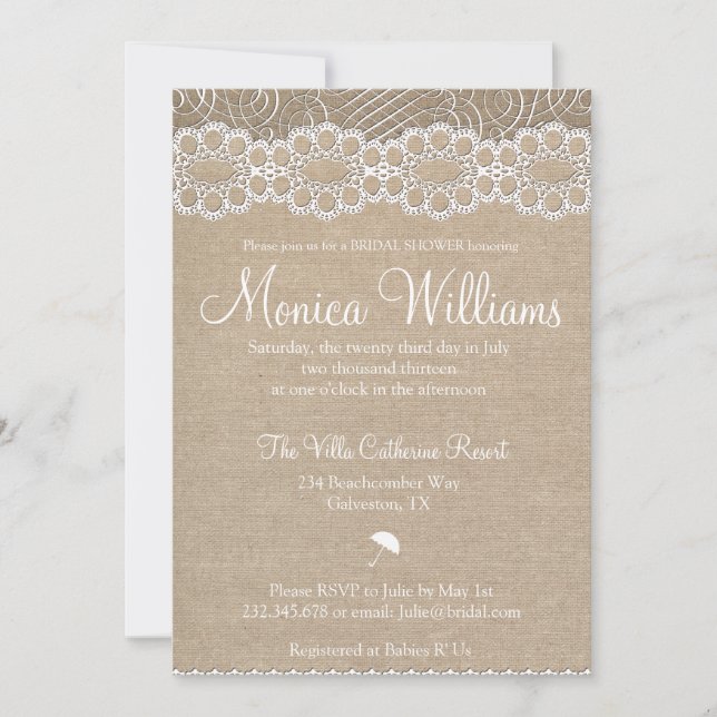 Burlap and Vintage Lace Bridal Shower Invitation (Front)