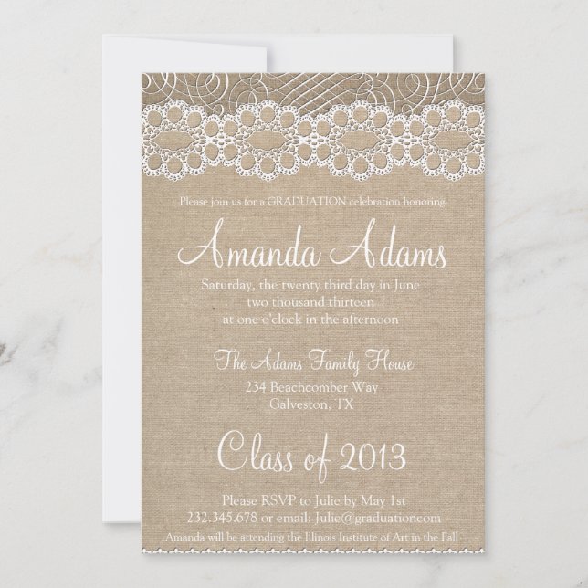Burlap and Vintage Lace Graduation Invitation (Front)