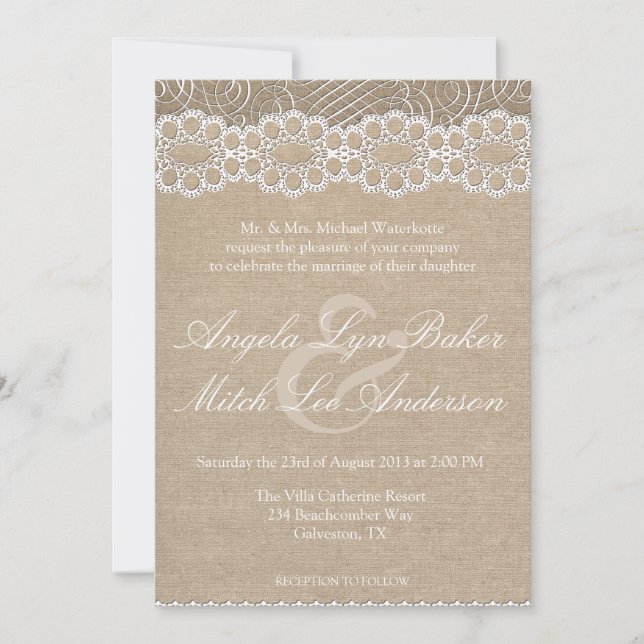 Burlap and Vintage Lace Shabby Chic Wedding Invite (Front)