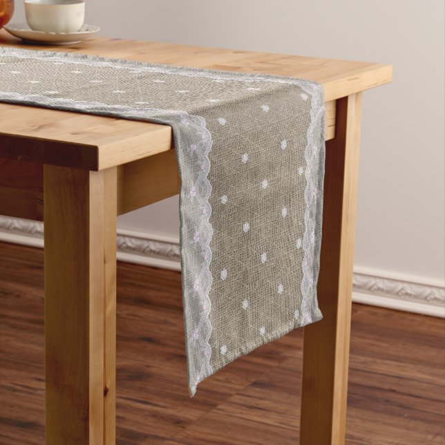 Burlap and White Lace Elegant Table Runner (In Situ)