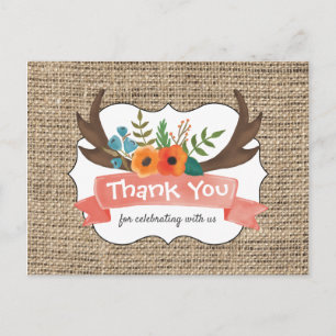 Burlap Antler Floral Baby Shower Thank You Postcard