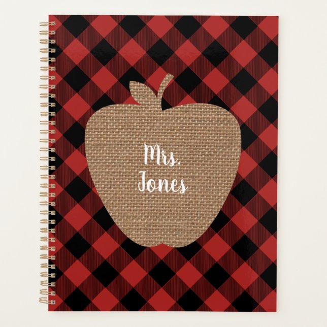 Burlap Apple Buffalo Plaid Teacher Planner (Front)