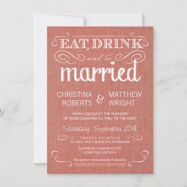 Burlap Apricot Rustic Wedding Invitations (Front)