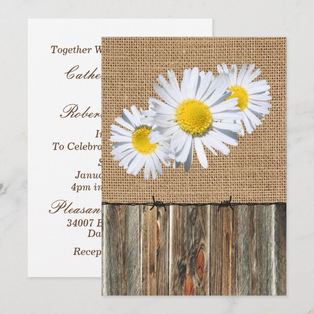 Burlap Barnwood Barbed Wire and Daisies Invite (Front/Back)