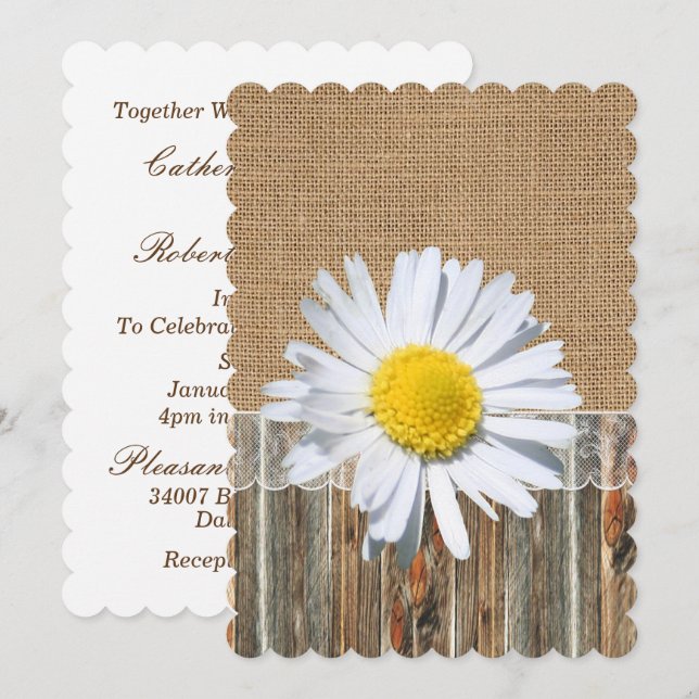 Burlap Barnwood Lace And Daisy Invitation (Front/Back)